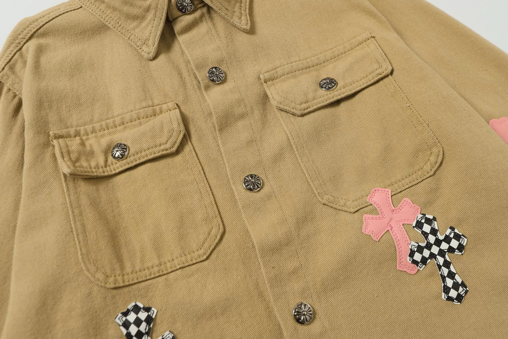 P350 Chrome Hearts Chrome Hearts cross-stitched leather embroidered shirt denim jacket Color: Picture color Code number: M-3XL